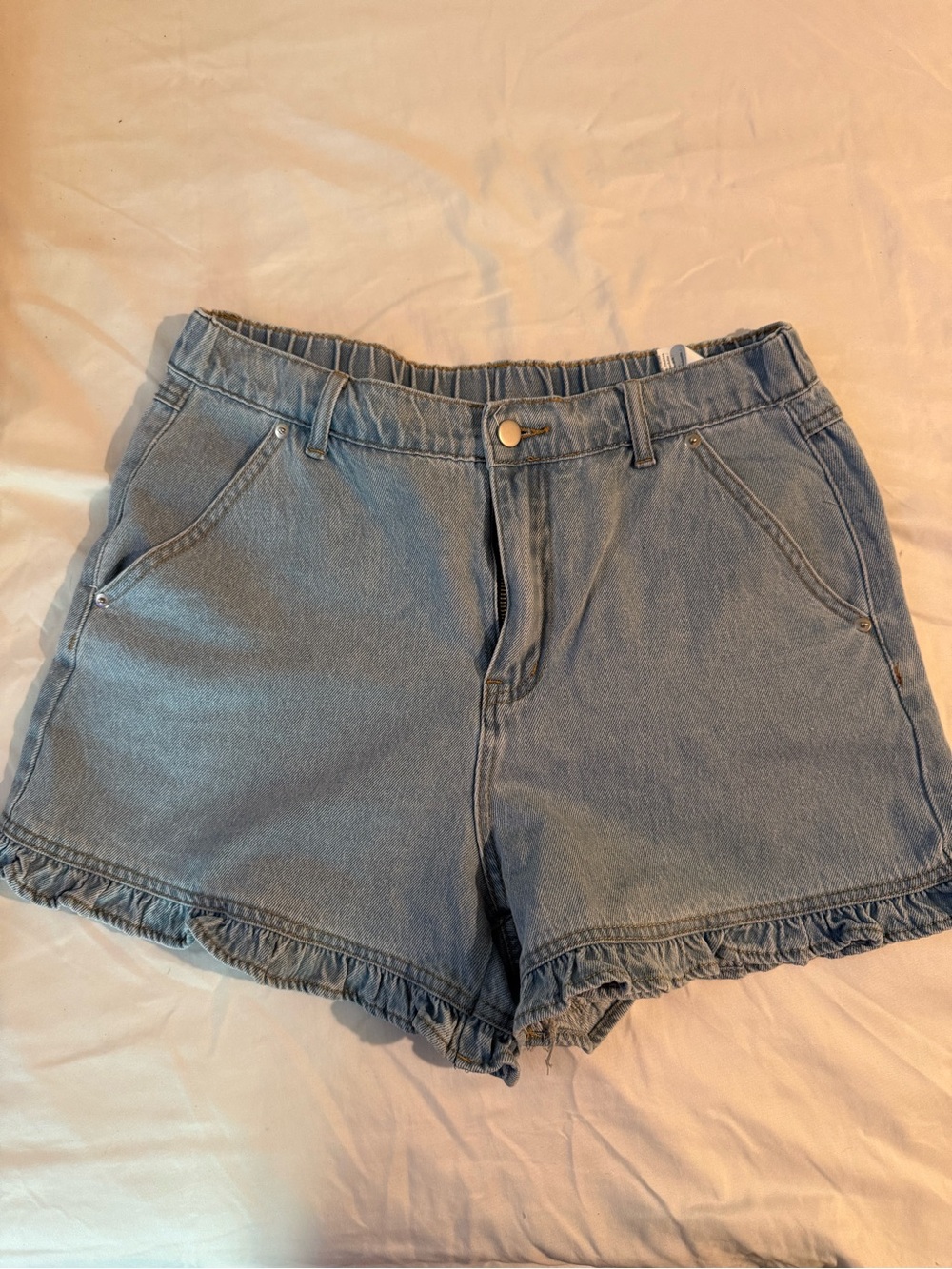 Casual Light Blue Denim Shorts with Ruffle Hem